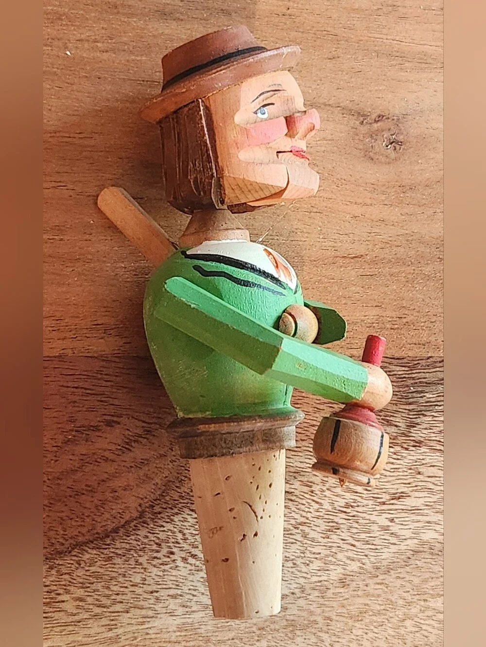 Vintage ANRI Hand Carved Folk Art Wooden Pull-String Cork Bottle Stopper